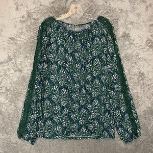 St Johns Bay Women Classic Boho Beach Preppy Lace Floral Drapey Top L Tall Green